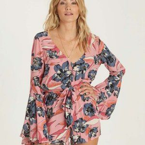 Billabong Sittin Pretty Boho Romper Pink Floral Bell Sleeves